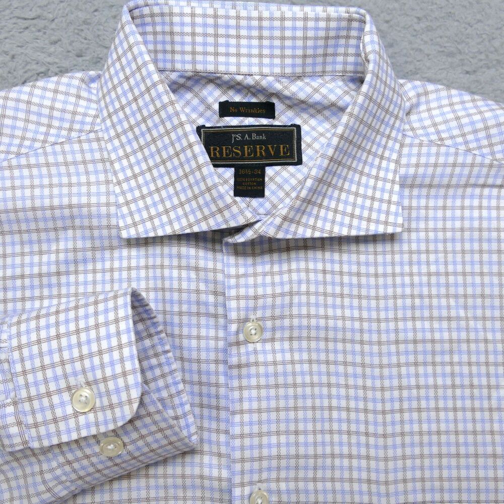 Jos A Bank Reserve Button Up Shirt Mens 16 1/2 - 34 Blue Brown Plaid Long Sleeve